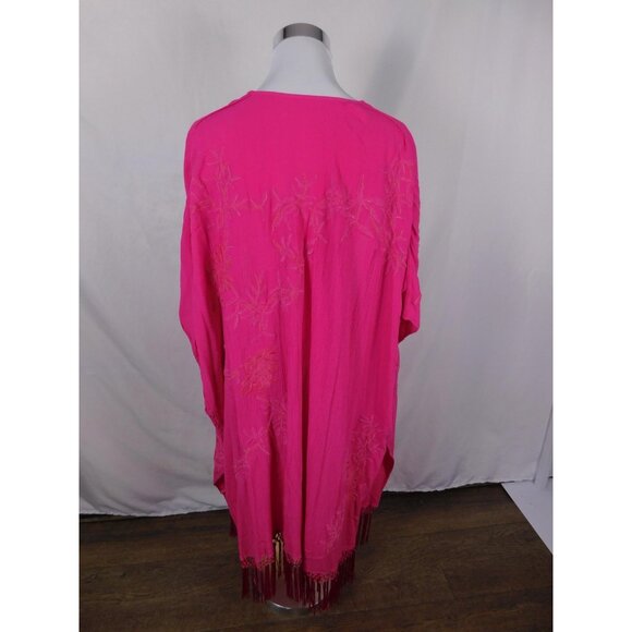 Kimono Cardigan Womens One Size Fuchsia Pink Embroidered Fringe Boho Duster - Picture 6 of 12